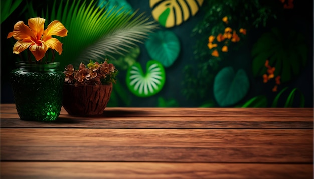 Fond floral vert tropical pour l'affichage et la présentation du produit Table en bois