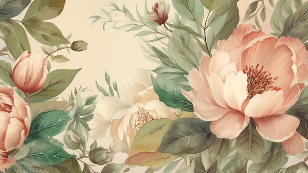 Fond floral vintage avec des fleurs de pivoine Illustration dessinée à la main ai générative