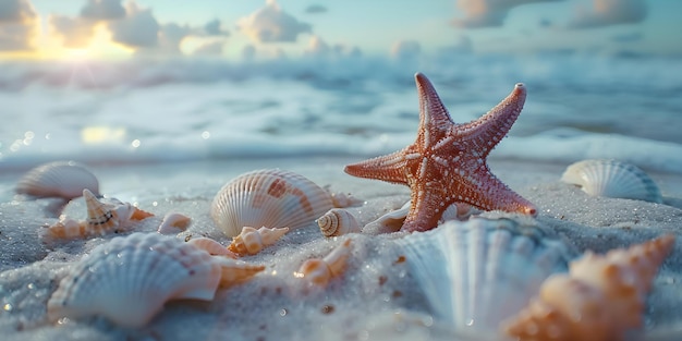 Un fond flou améliore le littoral serein avec des coquillages d'étoile de mer et un concept de sable propre tranquillité au bord de la mer accessoires de plage littoral serré fond flou trésors côtiers