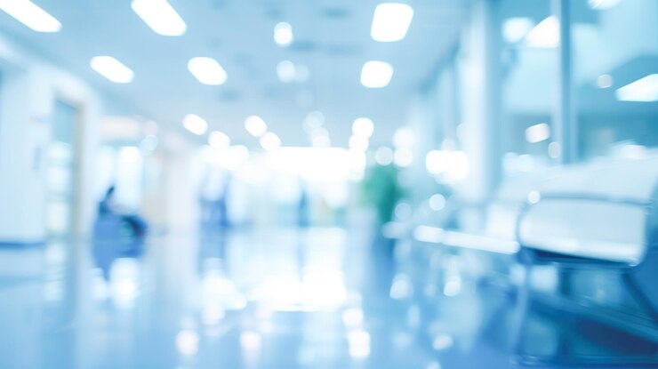 Photo un fond flou d'une station d'infirmières d'hôpital avec du personnel médical au loin