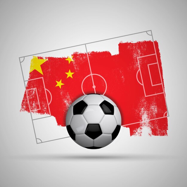 Fond de football drapeau Chine avec terrain de football drapeau grunge et ballon de football