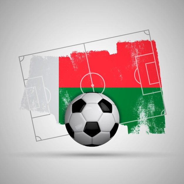 Fond de football drapeau Madagascar avec terrain de football drapeau grunge et ballon de football