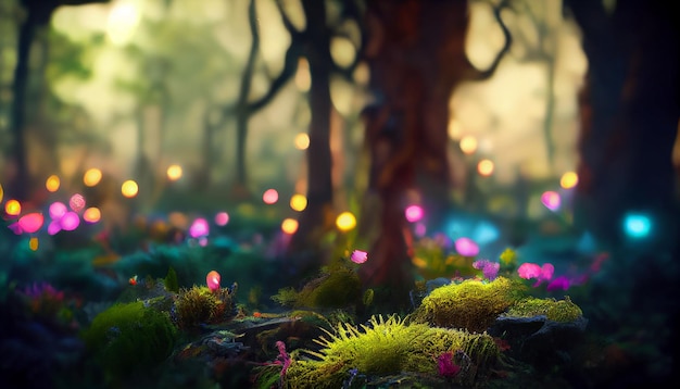 Fond de forêt de conte de fées magique sombre avec des lumières rougeoyantes
