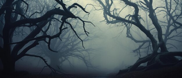 Fond de forêt effrayante et brumeuse, arbres effrayants dans les bois de brouillard d'horreur, joyeux halloween