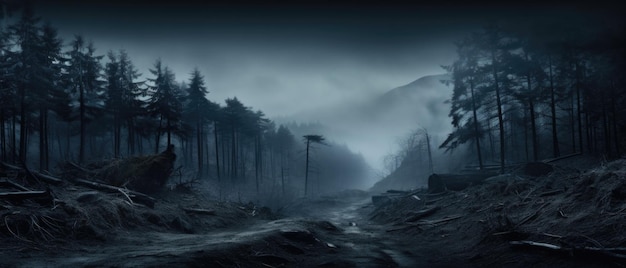 Fond de forêt effrayante et brumeuse, arbres effrayants dans les bois de brouillard d'horreur, joyeux halloween