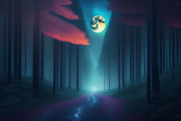 Fond de forêt de nuit fantasmagorique avec la pleine lune