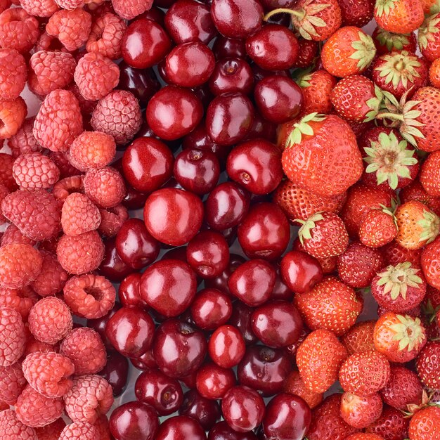 Fond d'une framboise, cerise et fraise, vue de dessus, baies mélangées