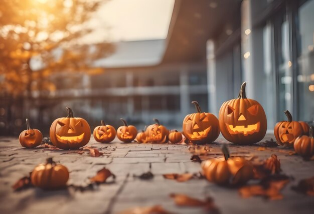 Photo fond de frontière d'halloween avec le château de lune de citrouilles effrayantes