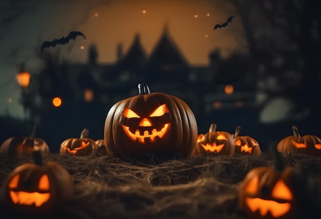 Fond de frontière d'Halloween avec des citrouilles effrayantes à la lune du château