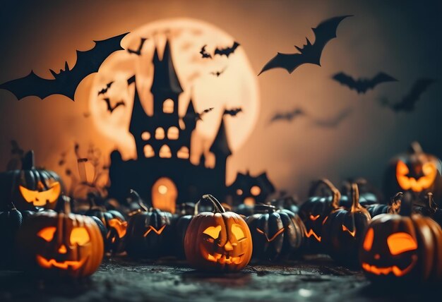 Fond de frontière d'Halloween avec des citrouilles effrayantes à la lune du château