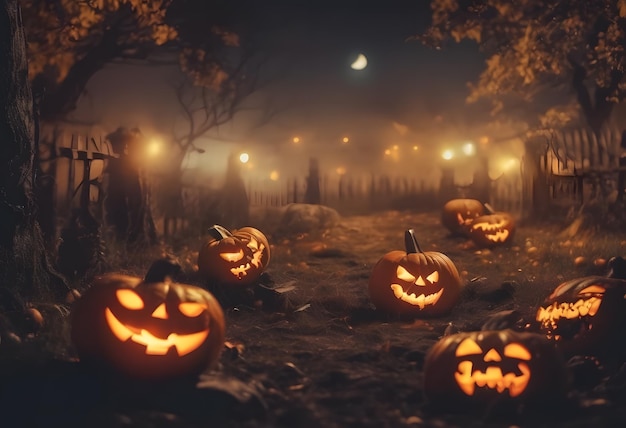 Photo fond de frontière d'halloween avec des citrouilles effrayantes à la lune du château