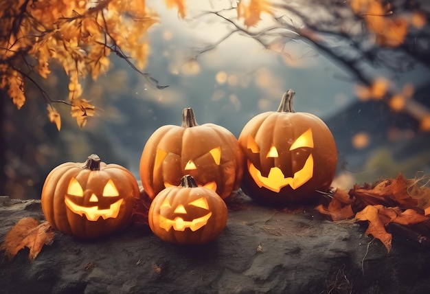 Fond de frontière d'Halloween avec des citrouilles effrayantes à la montagne