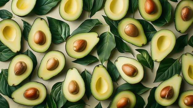 Photo un fond avec des fruits et des feuilles d'avocat