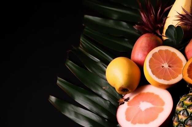 Photo fond de fruits tropicaux avec fond et feuille de palmier