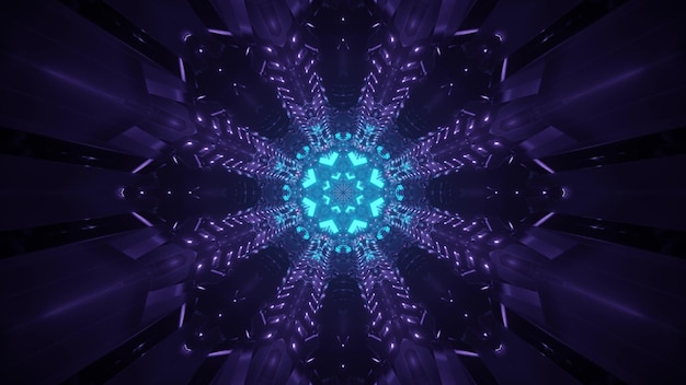 Fond futuriste abstrait lumineux avec cercle néon bleu brillant et faisceaux violets dans l'obscurité créant l'illusion d'un tunnel fantastique