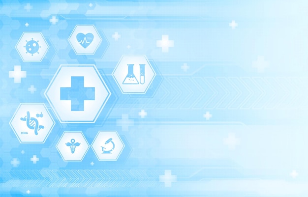 Fond futuriste bleu et blanc avec des symboles de médecine