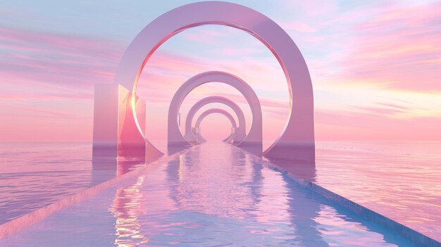 Un fond futuriste minimaliste avec un paysage marin zen abstrait avec des arches de miroir géométriques et une eau calme