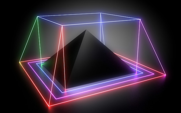 Fond géométrique abstrait 3D avec néons. Illustration 3d