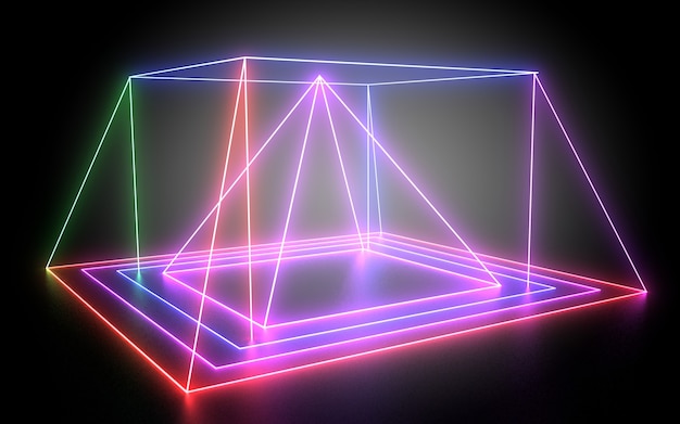 Fond géométrique abstrait 3D avec néons. Illustration 3d