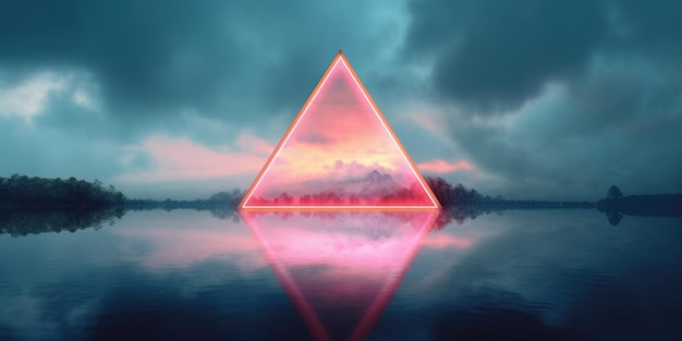 Photo fond géométrique abstrait ia génératif nuages mer et cadre triangulaire néon brillant