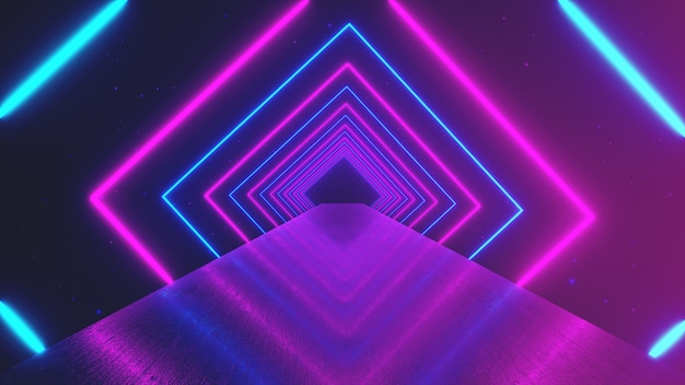 Fond géométrique de mouvement abstrait, carrés de néon rougeoyant créant un tunnel rotatif, spectre violet rose bleu, lumière ultraviolette fluorescente, éclairage coloré moderne, illustration 3d