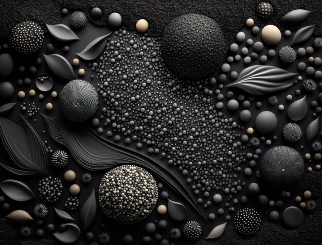 Fond géométrique noir abstrait Diverses formes de graines de sable Pose plate créée avec la technologie IA générative