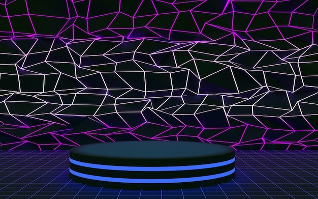 Fond géométrique noir de luxe avec un podium de néon à un niveau pour les présentations de produits. rendu 3D.