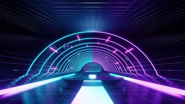 Fond géométrique avec structure polygonale Podium show produits néons colorés retro scifi