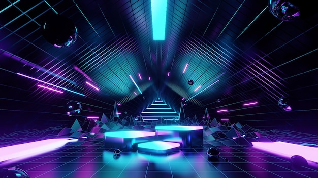 Fond géométrique avec structure polygonale Podium show produits néons colorés retro scifi