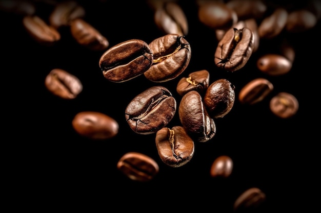 Fond de grains de café Grains de café torréfiés tombant ou volants sur fond noir AI généré