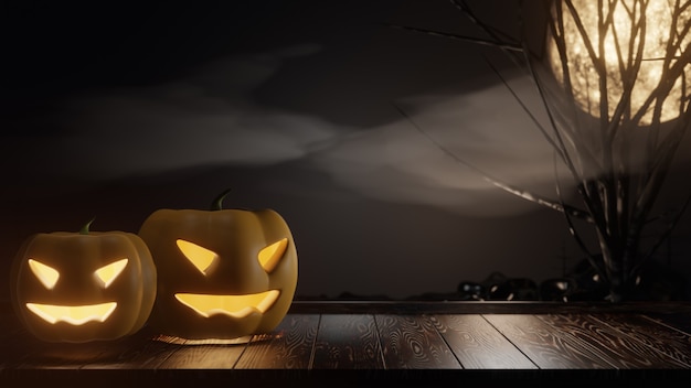 Fond graphique d'Halloween. Grande pleine lune sur ciel avec tête de citrouille sur planche de bois. Rendu d'illustrations 3D