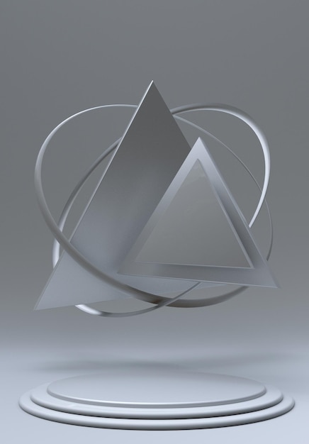 Fond gris argent 3D avec podium rond géométrique et formes triangulaires stand piédestal Design graphique tendance éléments dorés Neutre minimal