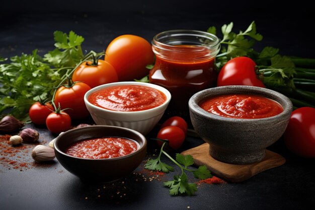 Fond gris avec bols de pâte de tomate et ingrédients