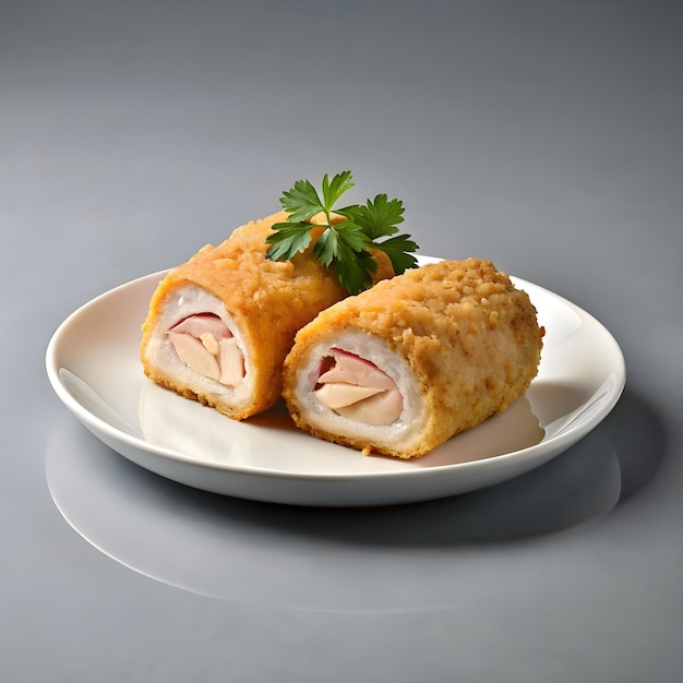 Photo sur un fond gris, un rouleau de filet de poulet cordon bleu croustillant surmonté de jambon et de fromage est présent