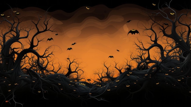 fond d'Halloween avec des arbres et des chauves-souris effrayants