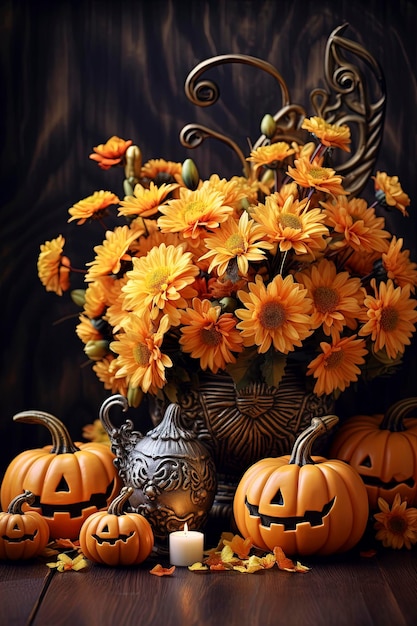 Fond d'Halloween et arrangement de citrouilles et de fleurs sculptées