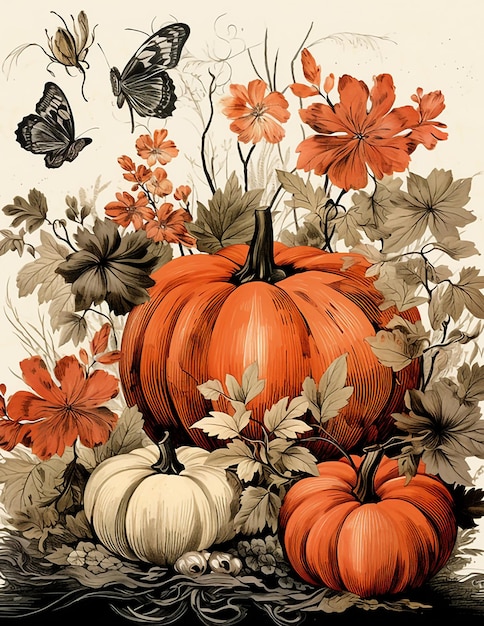 Fond d'Halloween automne vintage avec des fleurs et des citrouilles