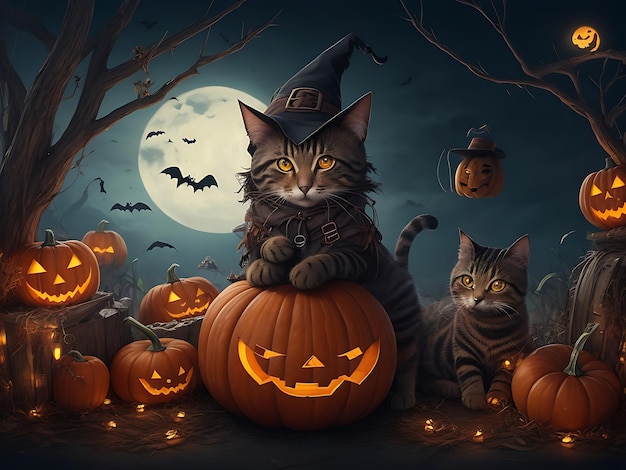 Fond d'Halloween avec des bougies de citrouilles de chat dans une forêt effrayante le soir de lune par Artificial Intelli