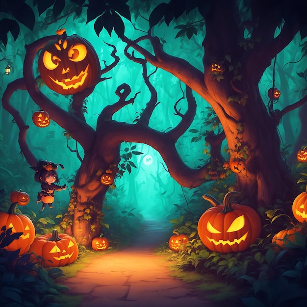 Fond d'Halloween avec des bougies de citrouilles de chat dans une forêt effrayante le soir de lune par Artificial Intelli
