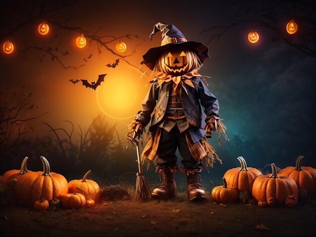 Fond d'Halloween Ccarecrow avec des bougies de citrouilles de chat dans une forêt effrayante le soir de lune par Artifici