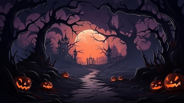 un fond d'Halloween avec des citrouilles et des arbres