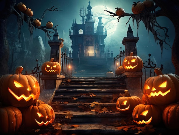 fond d'Halloween avec des citrouilles et un château