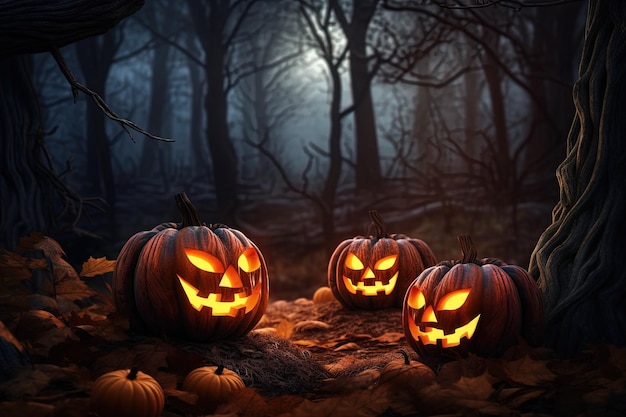 Fond d'Halloween avec des citrouilles effrayantes dans une forêt sombre