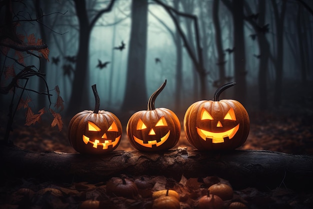 Fond d'Halloween avec des citrouilles effrayantes dans une forêt sombre