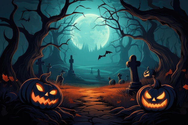 Fond d'Halloween avec des citrouilles effrayantes dans la forêt