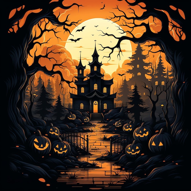 Fond d'Halloween avec des citrouilles effrayantes en forêt la nuit de pleine lune avec une maison de château hantée