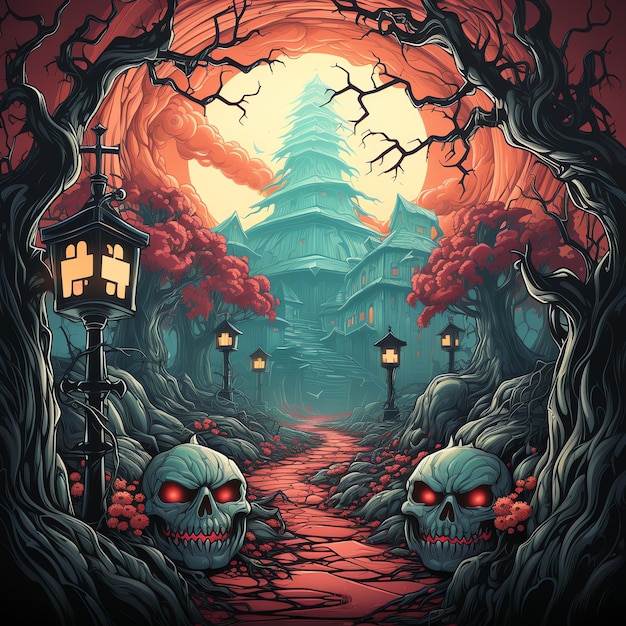 Fond d'Halloween avec des citrouilles effrayantes en forêt la nuit de pleine lune avec une maison de château hantée