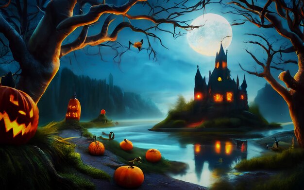 Fond d'Halloween avec des citrouilles effrayantes d'un manoir hanté effrayant avec la pleine lune générée par Ai