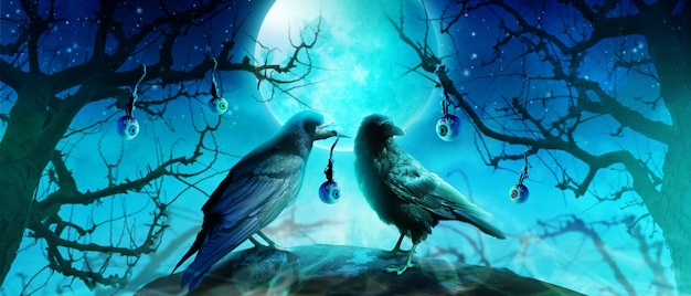 Fond d'Halloween avec corbeau dans une nuit effrayante.