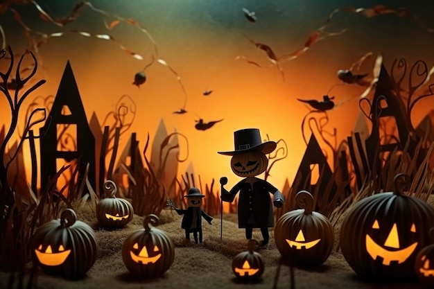 Fond d'Halloween dans le concept d'art du papier recyclé avec des citrouilles et un chapeau de sorcière rendu 3d